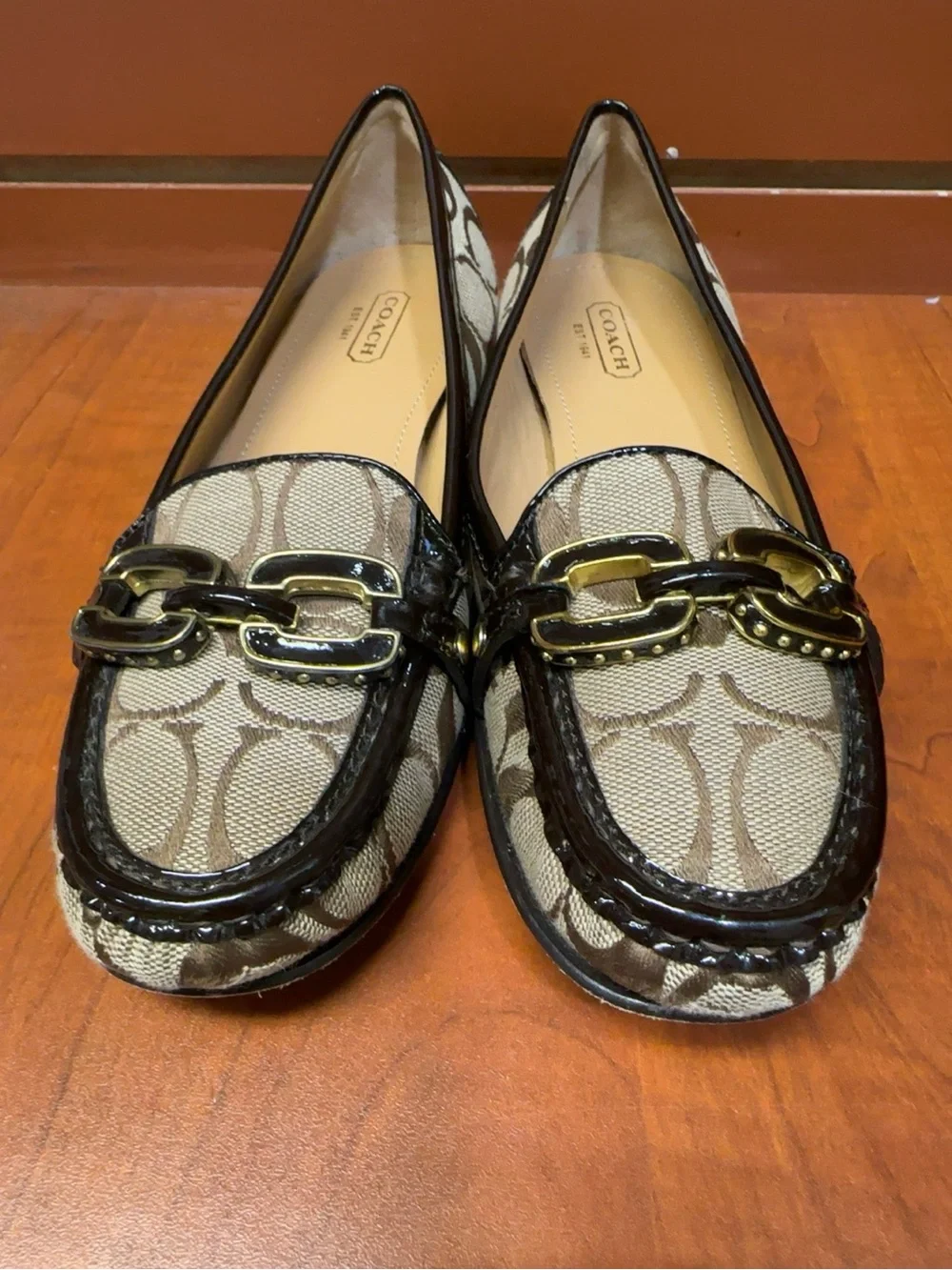 Coach Signature Canvas Chain-Link Loafers in Beige and Brown